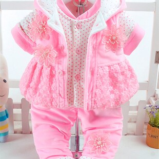 女童服装春秋冬服装0-1-2岁宝宝3三件套新生宝宝6个月8棉衣外套装
