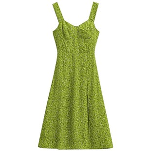 复古绿色碎花连衣裙宽肩带露锁骨显瘦开叉过膝吊带裙 法式 包邮