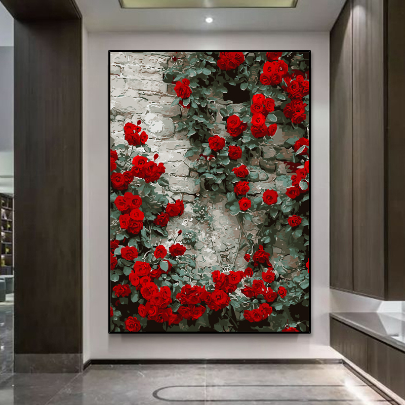 diy数字油画玫瑰花墙定制大尺寸填色风景手绘植物巨幅客厅装饰画