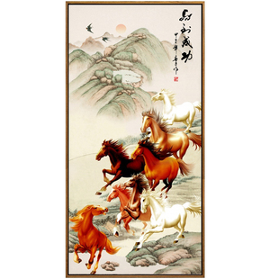 八骏图入户玄关装饰画竖版马到成功国画万马奔腾画客厅八马图挂画