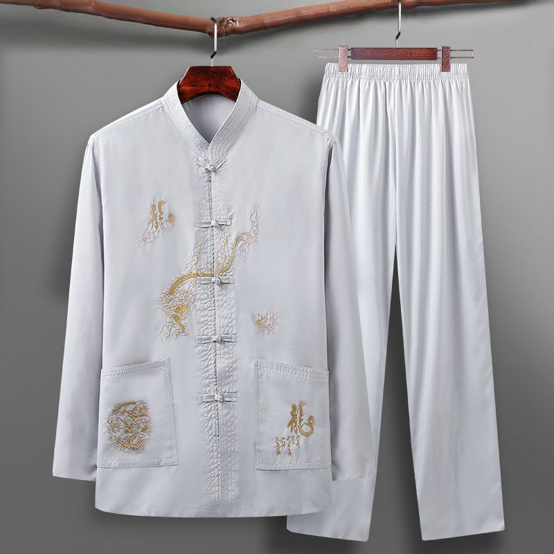 唐装男薄款长袖套装中老年爸爸中式衬衫老人衣服中国风爷爷夏装