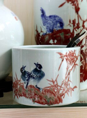 景德镇手绘收藏陶瓷青花瓷中国风毛笔笔筒办公室高档摆件大容量