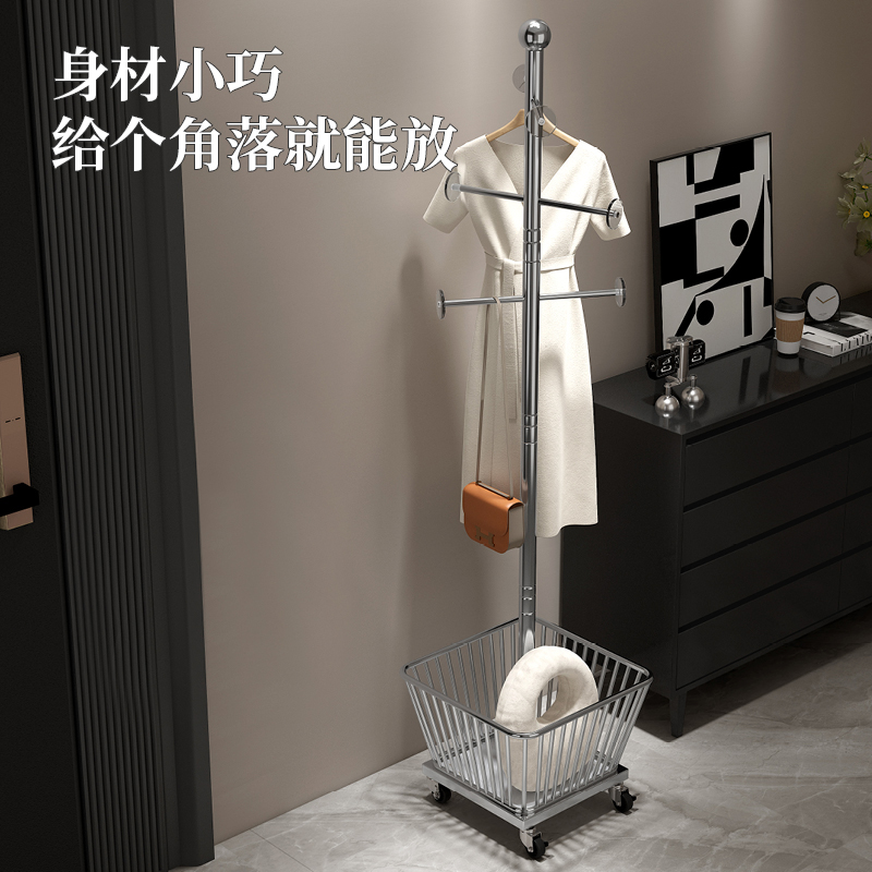 可移动式带轮衣帽架落地卧室衣服挂架轻奢风铁艺衣架脏衣篓挂衣架