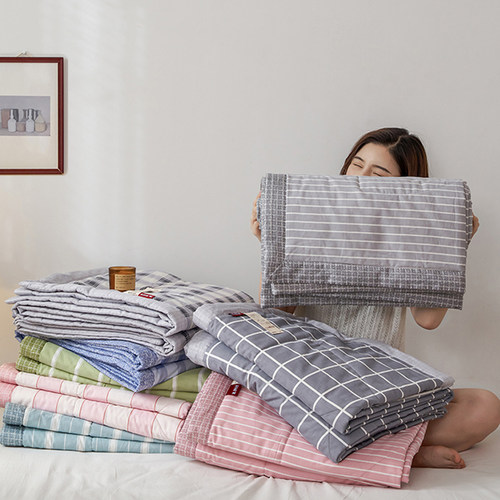 自然醒夏凉被四件式牀组纯棉可机洗一米五全棉格子空调被水洗夏被