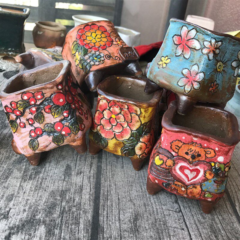 仿韩式创意方口磨砂手捏手感雕刻四脚带足磨砂群生小老庄花盆器