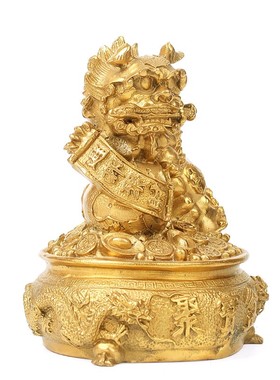 禅意阁纯铜狮子摆件一对狮咬剑铜狮子摆件家居创意摆件