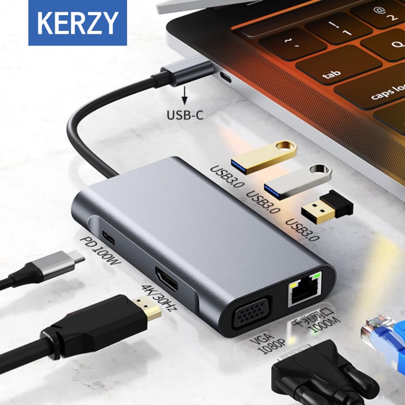 可芝（KERZY）扩展坞type-c转HDMI 4K高清投屏+VGA1080P+千兆网口+PD100W+USB3.0分线器多功能七合一