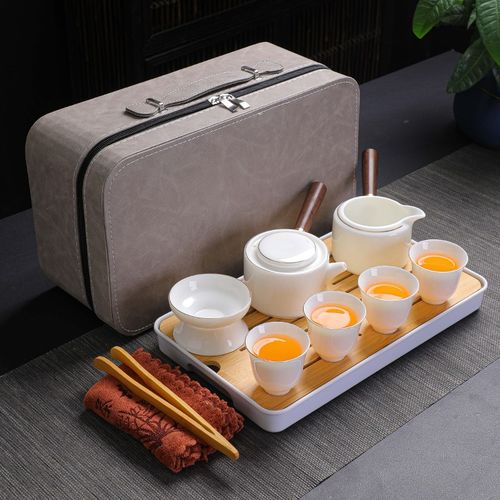 户外便携旅行茶具功夫套装家用羊脂玉陶瓷壶盖碗茶杯茶盘定制logo