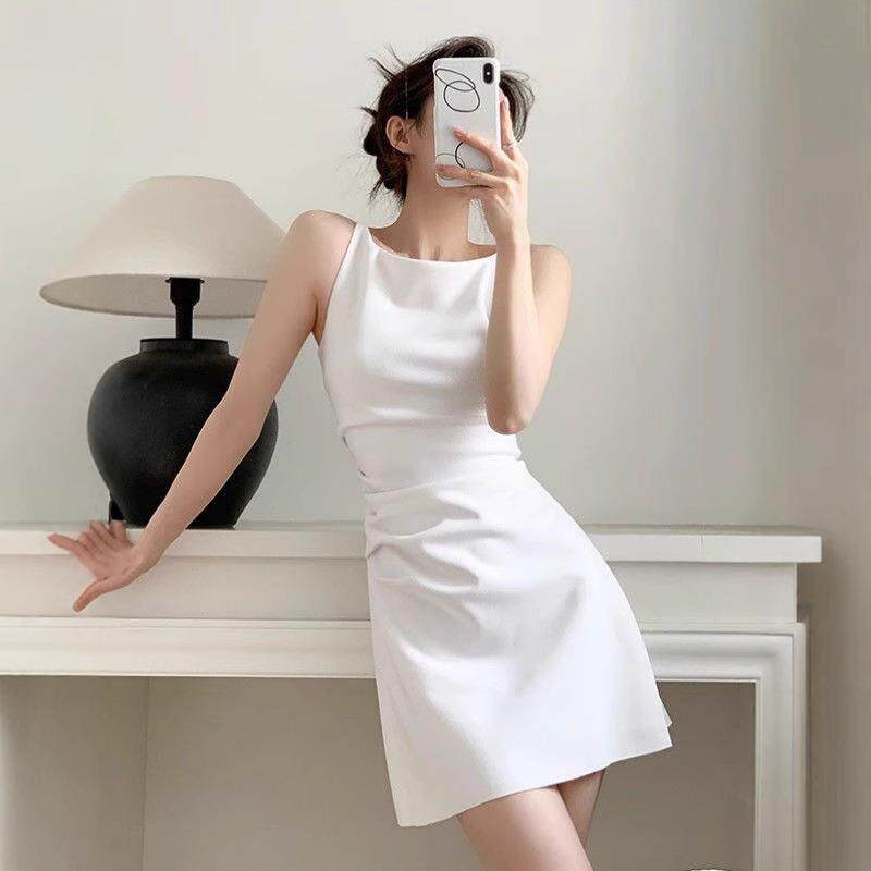 法式简约白色一字肩吊带短款礼服连衣裙