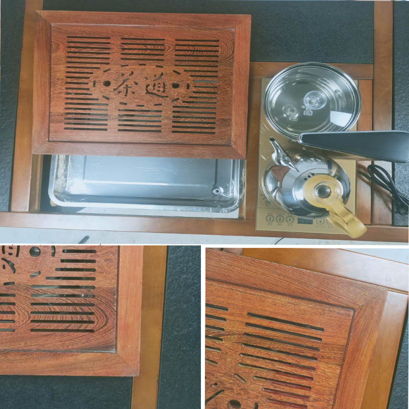 花梨木鸡翅木实木茶盘家用嵌入式不锈钢盘茶台茶桌漏水板定制