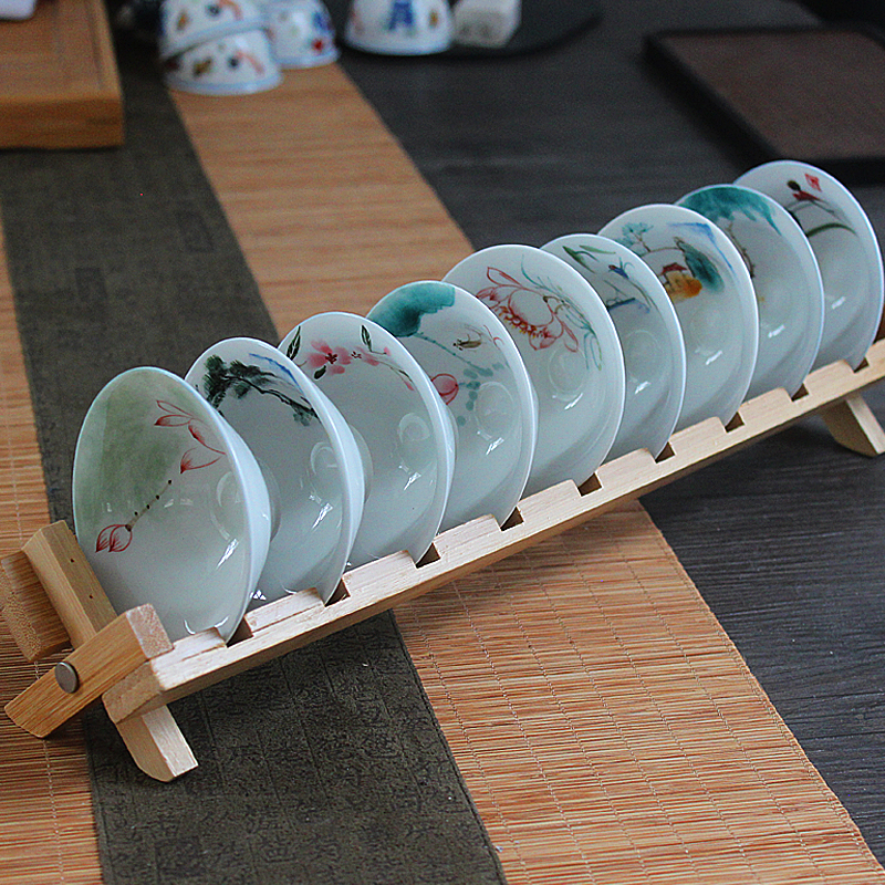 手绘白瓷茶杯套装9个釉下彩斗笠杯 陶瓷功夫茶具品茗杯子手工绘画