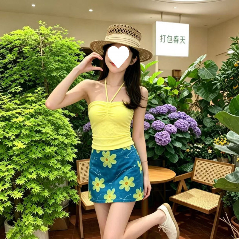 辣妹度假多巴胺抹胸背心短裙套装黄色夏季吊带花朵半身裙两件套