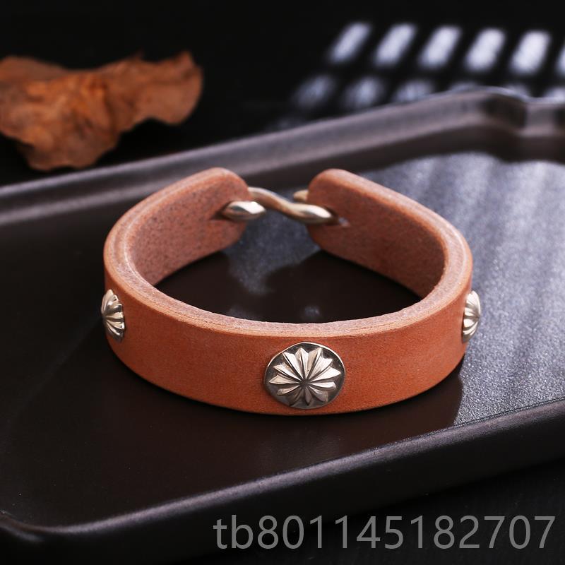 新工宽版手革真枥木鞍925银皮菊花钉复古高桥吾郎风格皮手环手镯