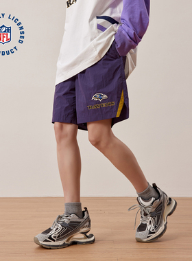 NFL美橄超级碗乌鸦队 美式运动训练宽松印花暗紫色抽绳沙滩短裤