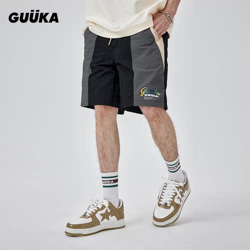 GUUKA黑色短裤潮牌男夏季 青少年彩色发泡印花五分运动裤廓形宽松