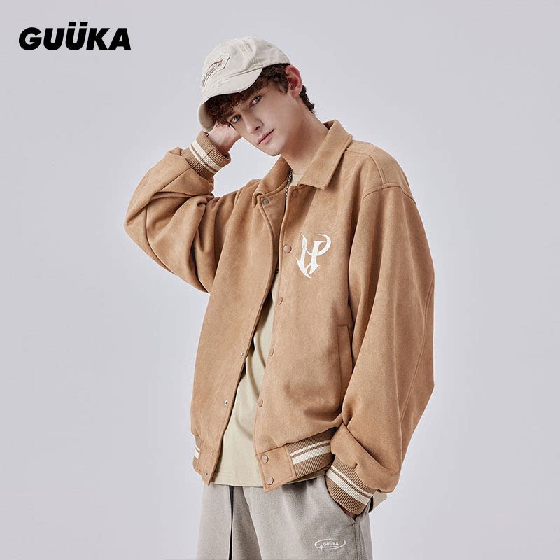 GUUKA棕色美式麂皮绒棒球服夹克男 情侣立体刺绣落肩翻领外套宽松