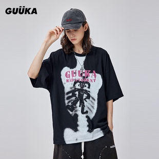 坏学生嘻哈落肩上衣宽松 新款 GUUKA潮牌廓形短袖 T恤男重磅纯棉夏季