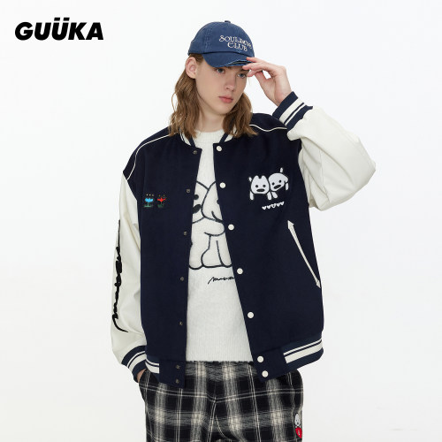 GUUKA潮牌小狗刺绣新款棒球服男春秋季 美式夹克拼接PU皮落肩外套