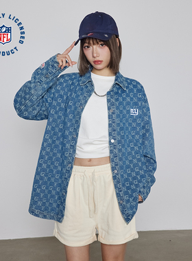 NFL美橄超级碗NY巨人队蓝色水洗牛仔衬衫 男女款老花满印刺绣外套