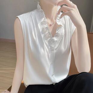 气质内搭女叠穿背心打底百搭 衬衫 法式 V领木耳花边丝滑缎面无袖