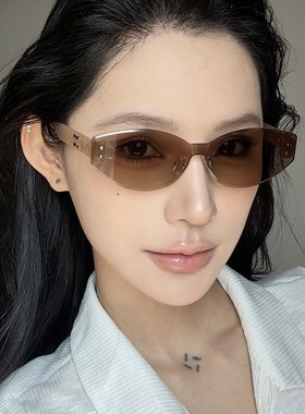新款茶色无框连体欧美风猫眼墨镜女潮网红辣妹方圆脸显瘦太阳镜潮