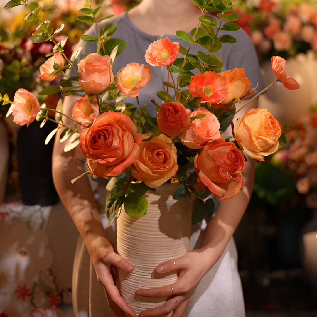 (橘子汽水）橙黄色花束焦边玫瑰花虞美人花束玄关花客厅仿真花假