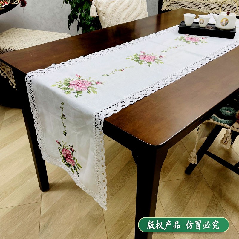 429B白色桌旗十字绣桌旗茶几斗柜鞋柜盖巾长方形电视柜盖布
