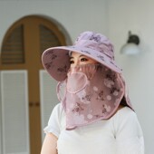 防晒遮阳冰丝大沿帽夏季 防紫外线可漏马尾防晒面罩护颈一体 新款