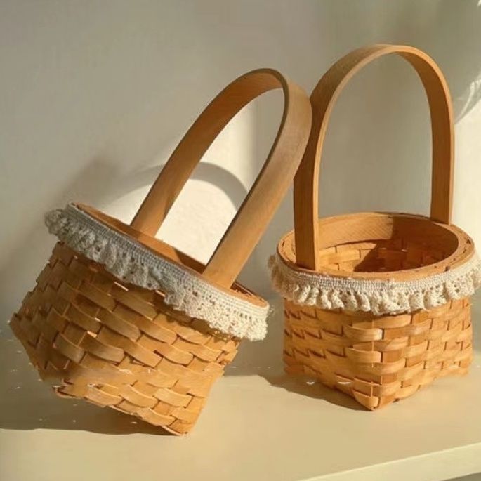 迷你小花篮蕾丝边野餐花篮摆件收纳篮儿童diy手工手工编织手提篮