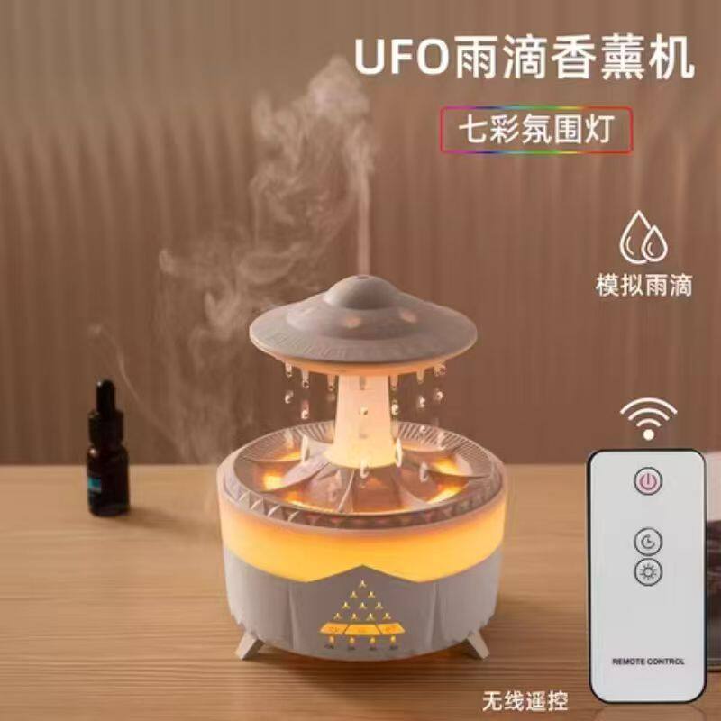 雨滴加湿器办公桌蘑菇桌面喷雾七彩灯光模拟下雨插电香薰小夜灯