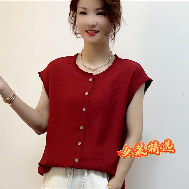 女士夏季新款木耳边休闲洋气衬衫复古显瘦单排扣百搭无袖上衣T恤