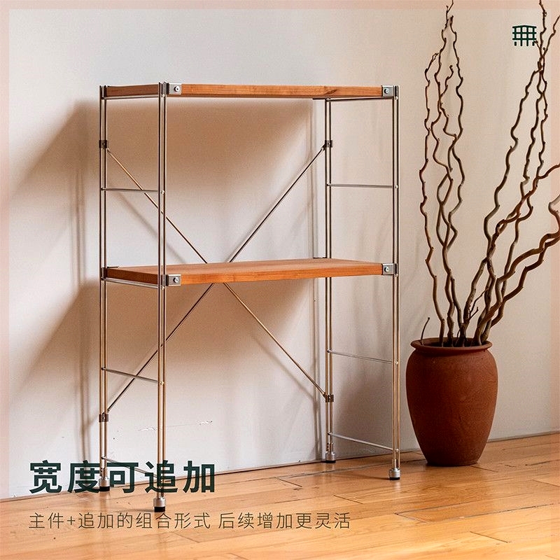 中古复古不锈钢置物架实木日式储物多层置物柜落地厨房收纳神器