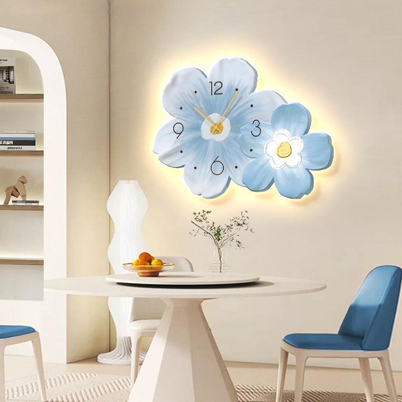 现代简约餐厅装饰画花卉带钟表客厅沙发背景墙壁画治愈系发光挂画
