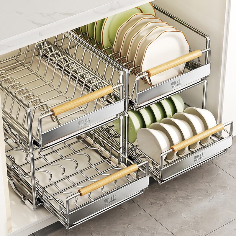帅仕碗碟收纳架不锈钢碗架厨房置物架下水槽抽屉式拉篮碗盘沥水架