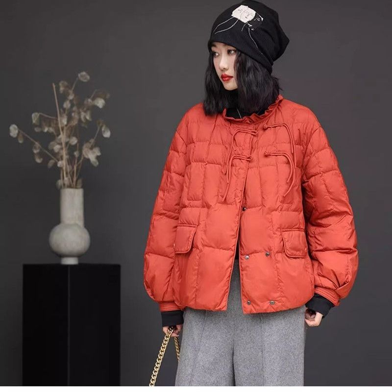 复古盘扣木耳边领子90白鸭绒羽绒服女士冬季新款韩版宽松羽绒外套