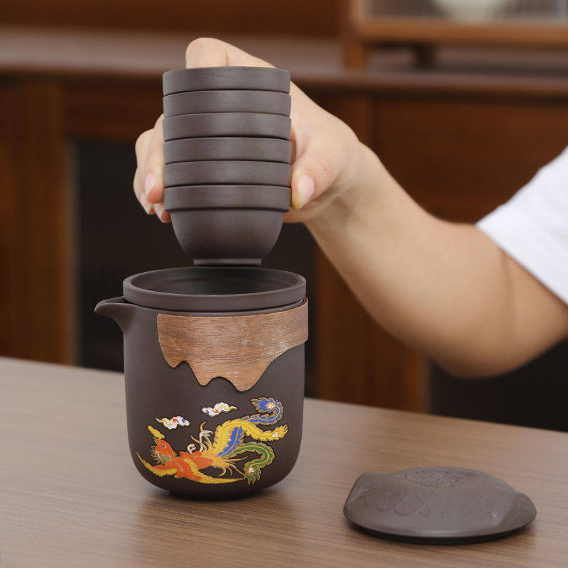 新款变色旅行茶具套装便携式包户外快客杯紫砂陶瓷一壶六杯防烫