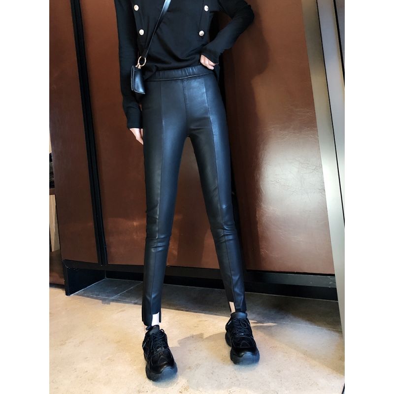 加绒高腰紧身显瘦小脚皮裤女秋冬新款松紧腰九分pu亚光打底裤外穿