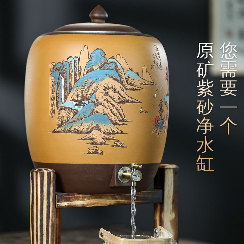 宜兴原矿紫砂水缸大号带龙头抽水式茶桶家用净水器净化饮水储水罐