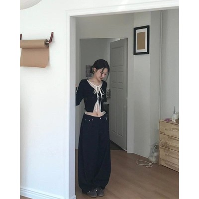 纯欲辣妹风气质蕾丝拼接绑带假两件撞色长袖上衣高腰直筒阔腿裤女