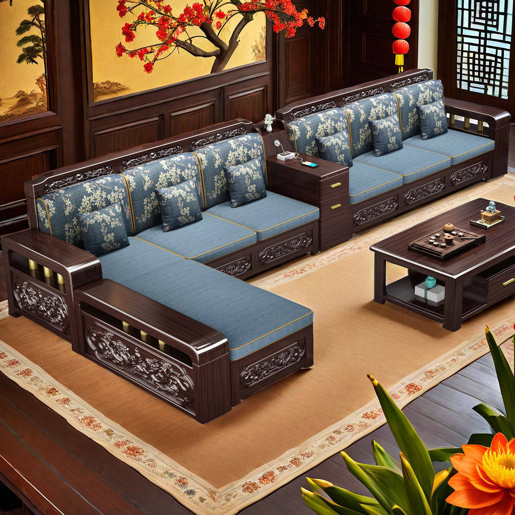 冬夏两用实木沙发中式储物客厅组合家用紫金檀木贵妃转角雕花家具