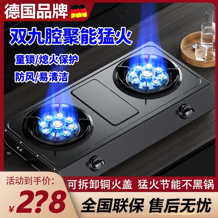 德国索奈不锈钢燃气灶双灶台式家用天然气灶液化气猛火煤气炉节能