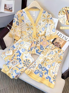 【太阳花睡衣三件套】2025春夏轻奢气质舒适弹力家居服套装82161