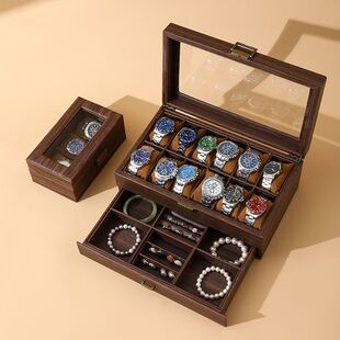 黑胡桃木纹手表收纳盒多位腕表收藏箱陈列透明展示盒手表盒子家用