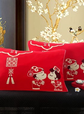 【黄一恒】婚庆五层棉纱红色枕巾结婚情侣加大加厚高档喜庆棉枕大