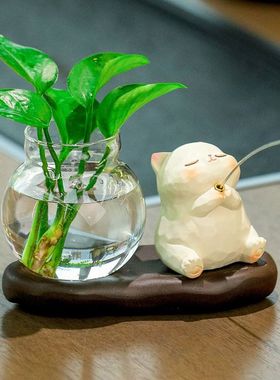 办公桌摆件小猫钓鱼摆件工位解压装饰品办公室桌面水培玻璃花瓶水