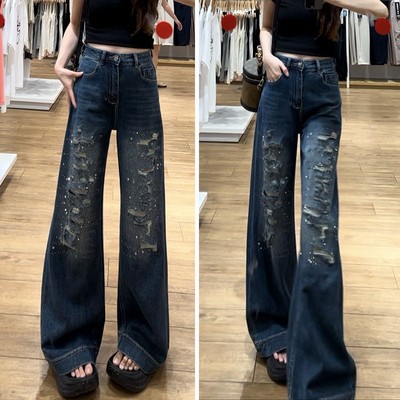 秋冬新款贴布破洞烫钻牛仔裤女复古设计感宽松显瘦垂感直筒喇叭裤