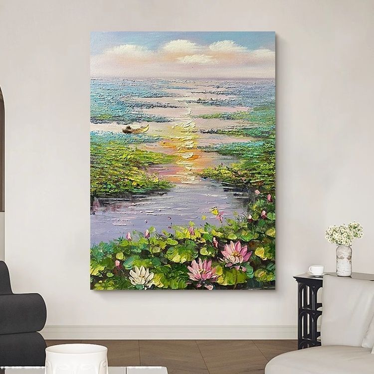 荷塘月色手绘油画植物风景荷花花卉装饰画客厅挂画玄关立体肌理画图片