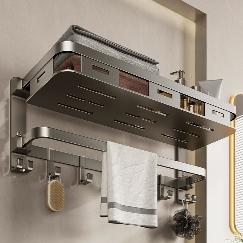 免打孔浴巾架卫生间壁挂枪灰毛巾架太空铝洗澡间置物架用居家好物