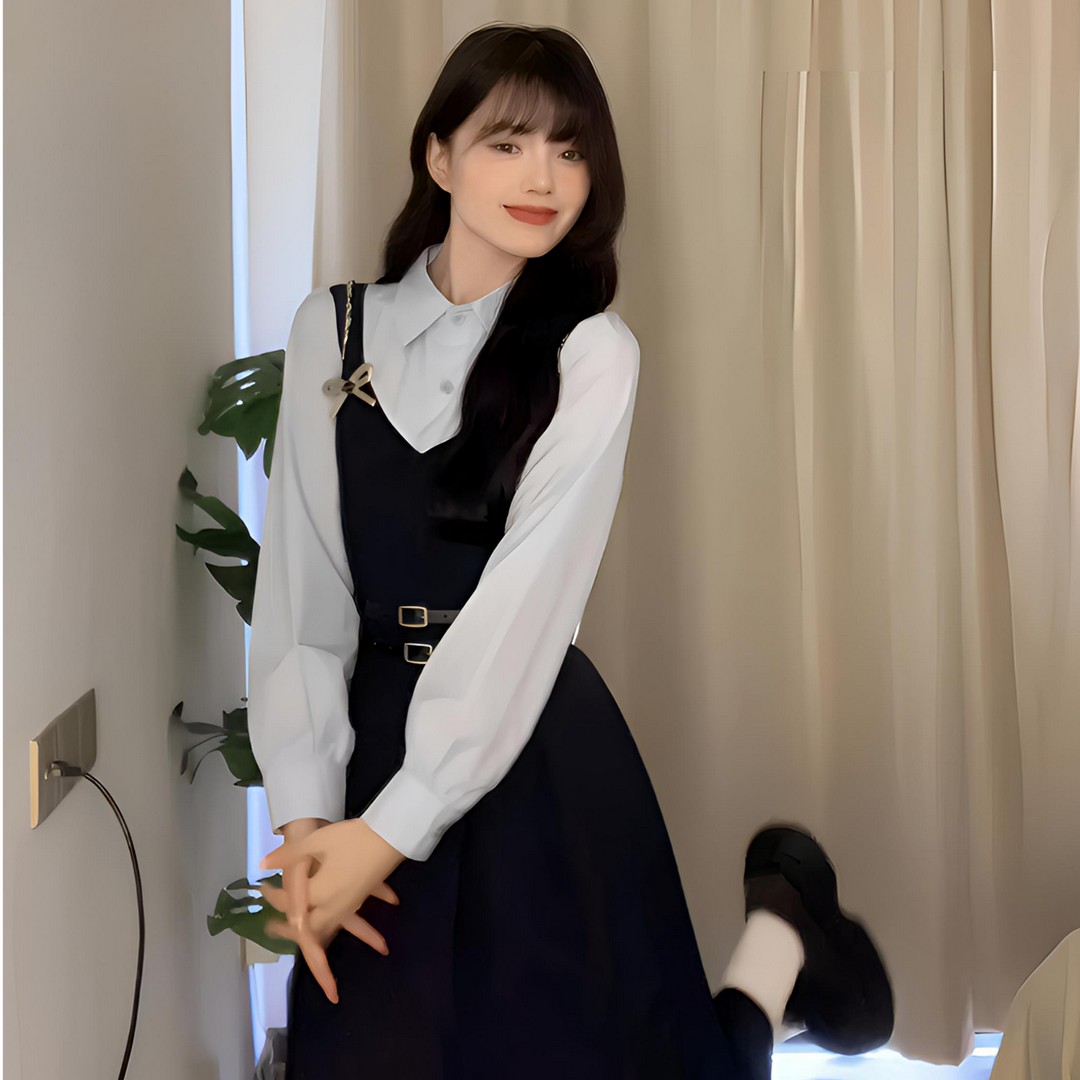 【秋日晚风】假两件拼接裙早秋大码连衣裙学院风显瘦衬衣连衣裙女