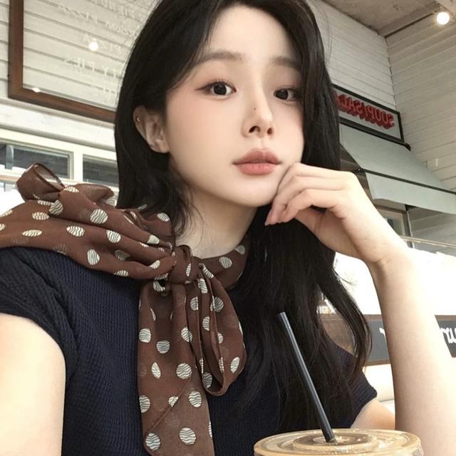 棕色波点丝巾印花高级百搭丝带发带长条围巾复古轻奢时尚气质配饰